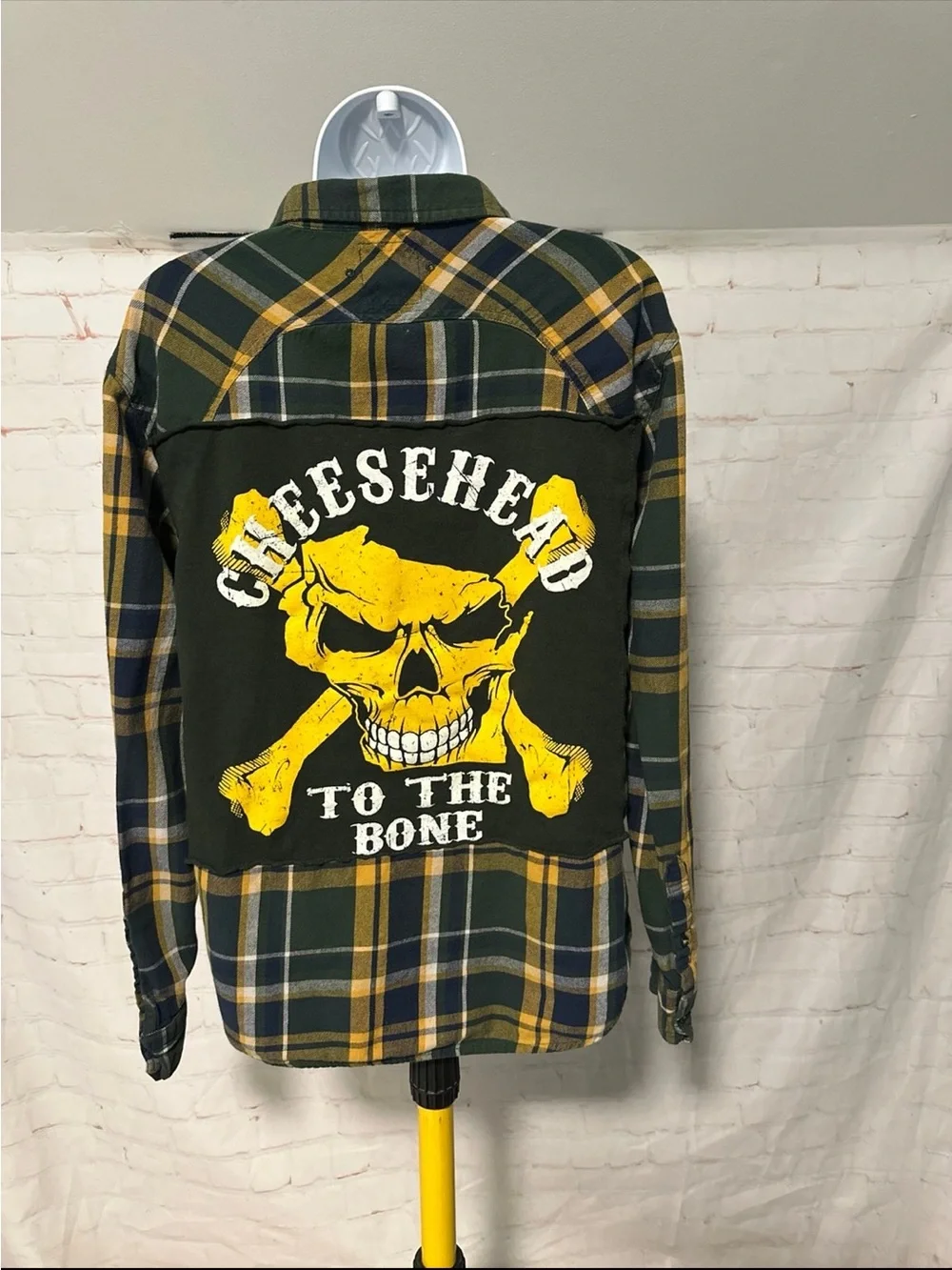 Upcycled Green Bay Packers Cheesehead to the Bone Skill Tee Button Down Shirt L